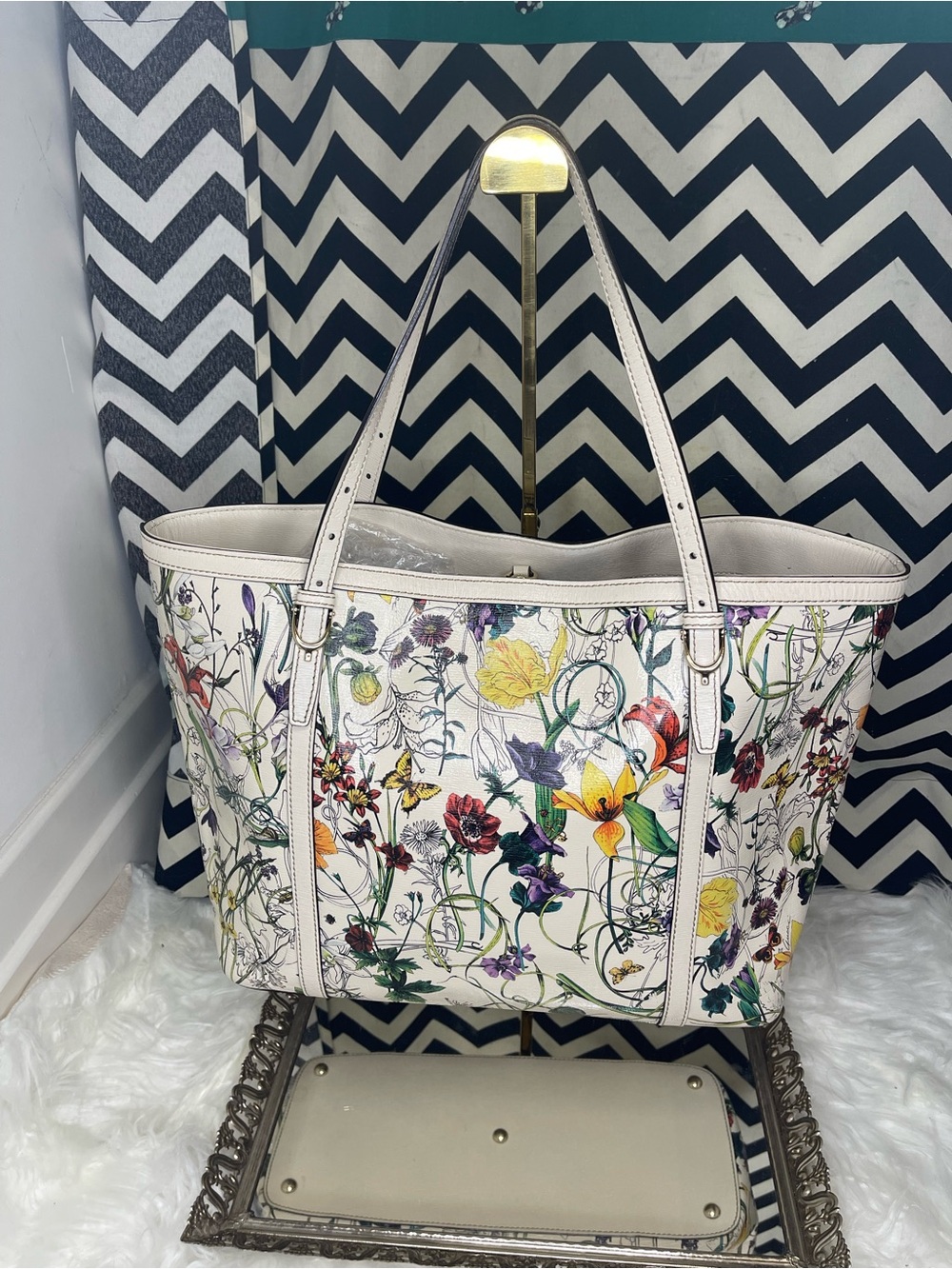 G-VGUC 2013 Gucci Flora Nice Medium Shoulder Tote Bag White Canvas Leather